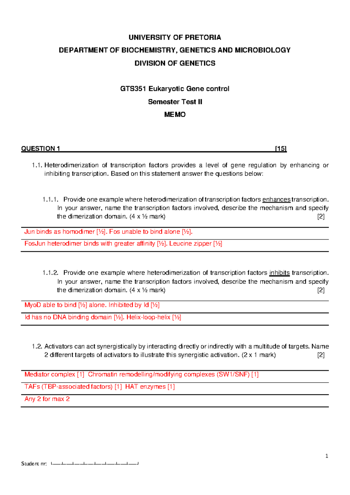 GTS351 Eukaryotic Gene Control Semester Test II Memo 2025 - Studocu