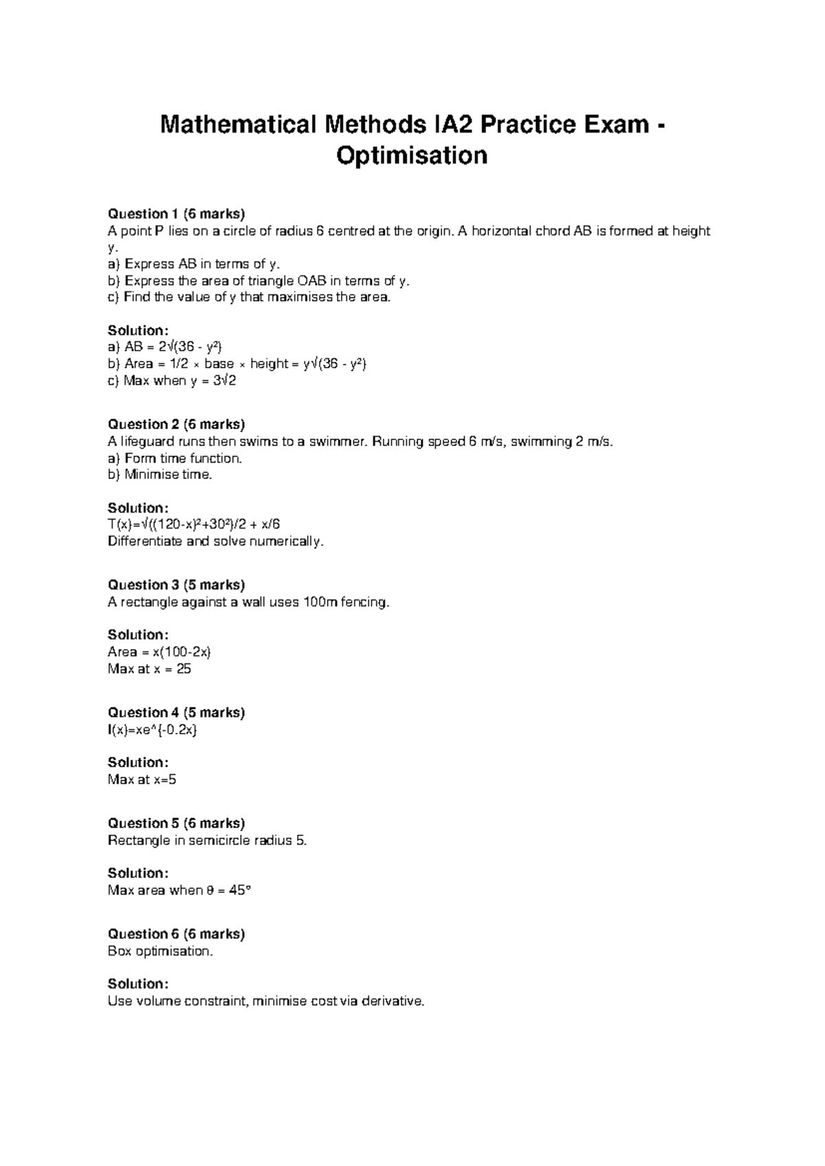 IA2 Mathematical Methods Optimisation Practice Exam Solutions - Studocu