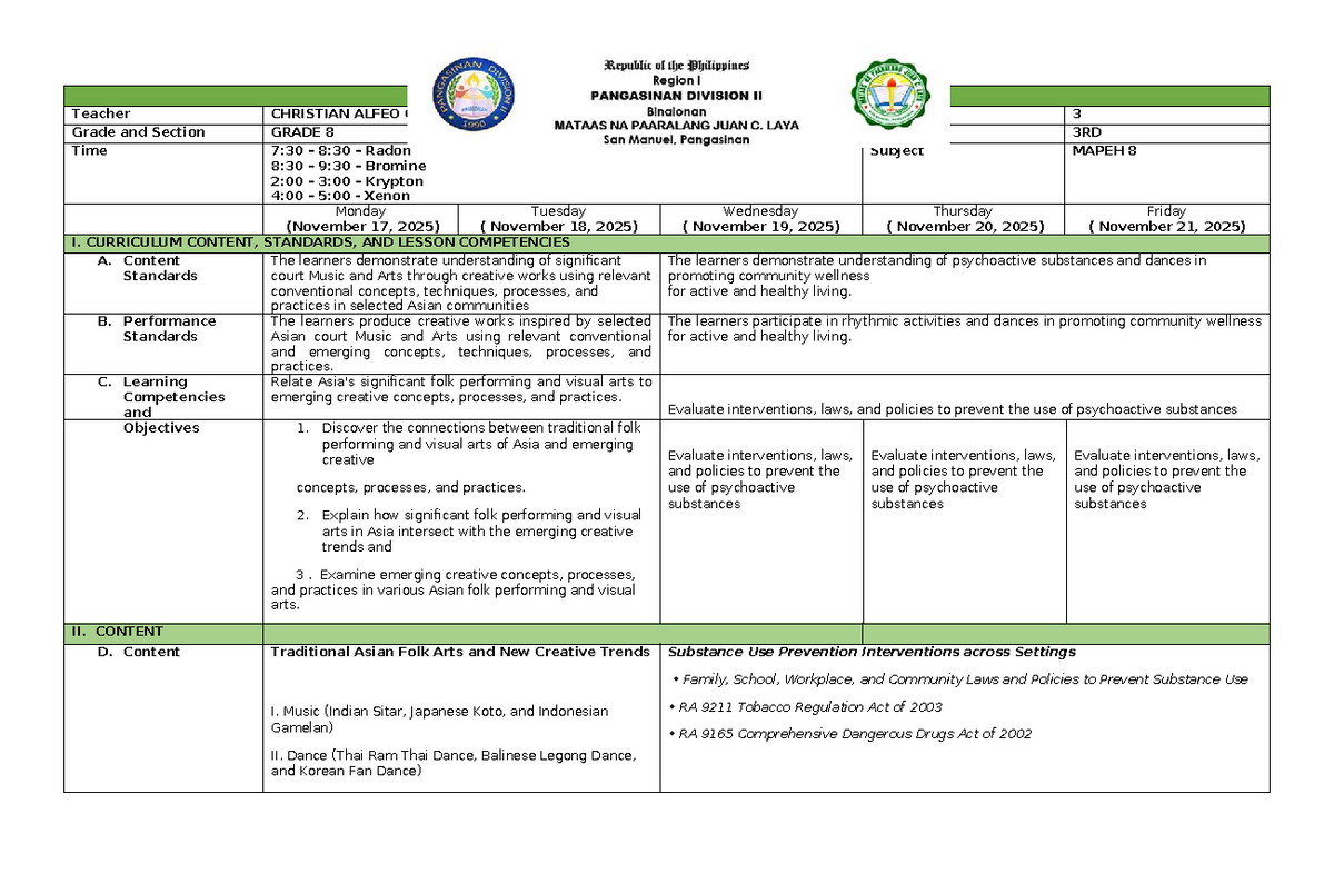 DLL - MAPEH 8 - Daily Lesson Log for Various Purposes - Studocu