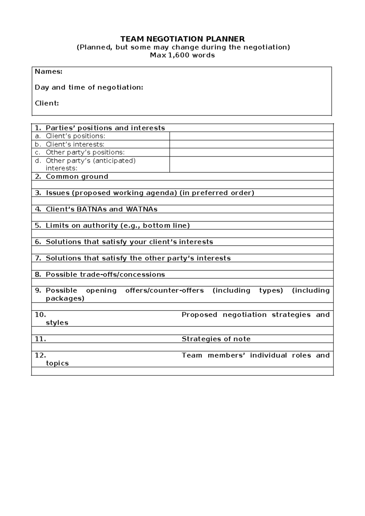 Team Planner - 253 - TEAM NEGOTIATION PLANNER (Planned, but some may ...