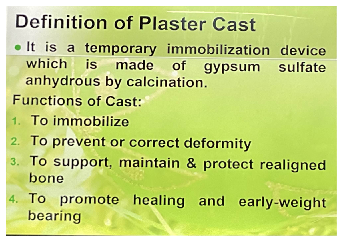 NCM 116 SL WEEK 1 - Medical Surgical Nursing: Types of Casts - Studocu