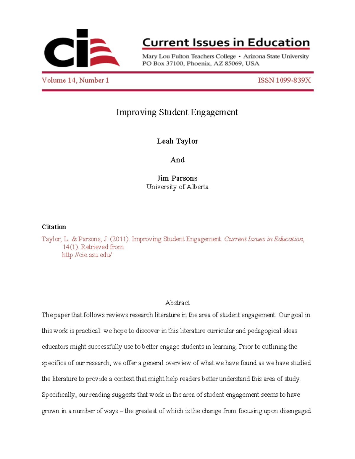 Improving Student Engagement in Education: Current Issues Vol. 14 No. 1 ...