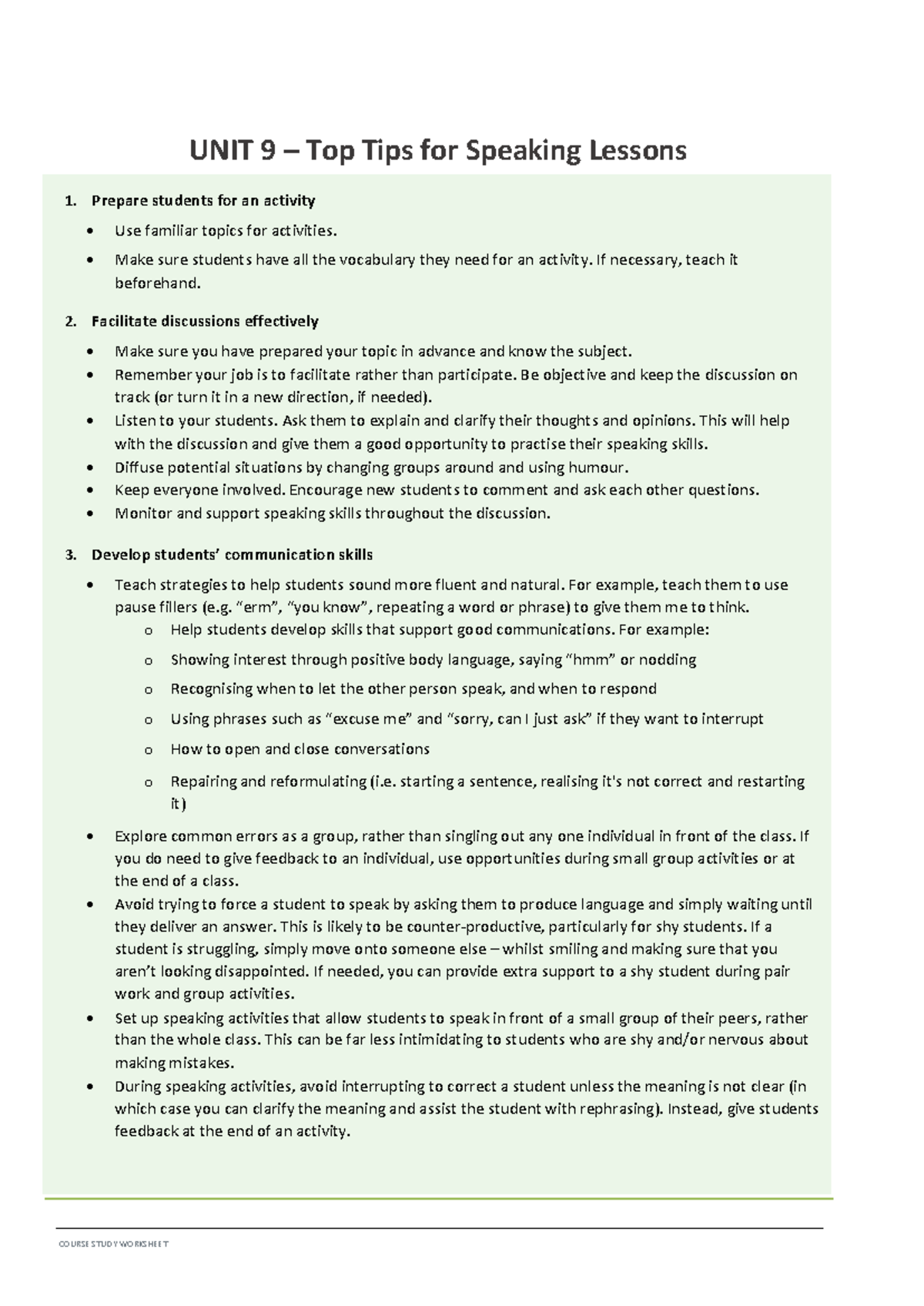 UNIT 9 Tips for Effective Speaking Lessons: Strategies & Activities ...