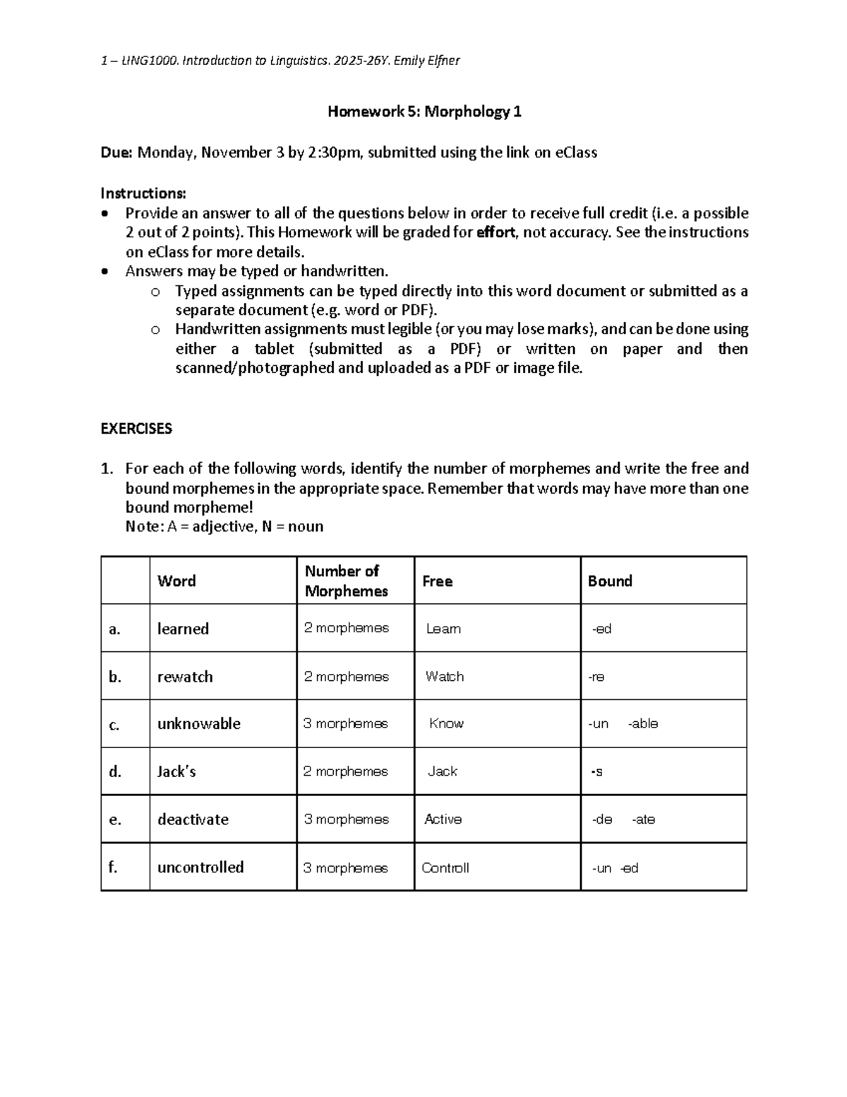 LING 1 Homework 5: Morphology Analysis and Exercises - Studocu