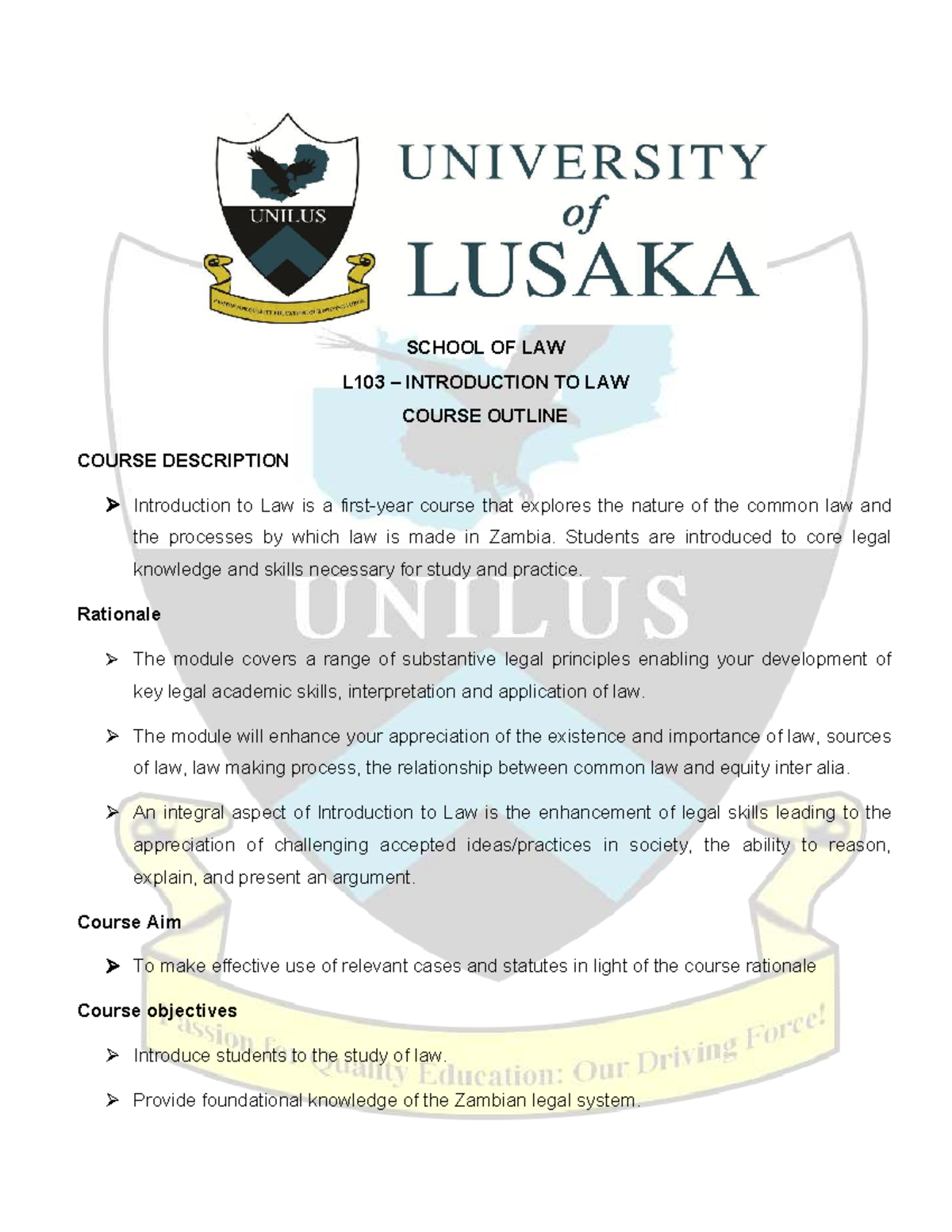 L103 Introduction to Law Course Outline and Description - Studocu