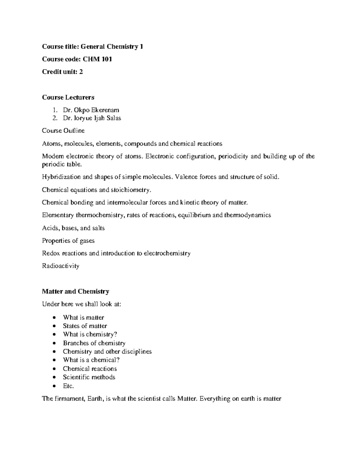 CHM 101 General Chemistry I Comprehensive Lecture Notes - Studocu