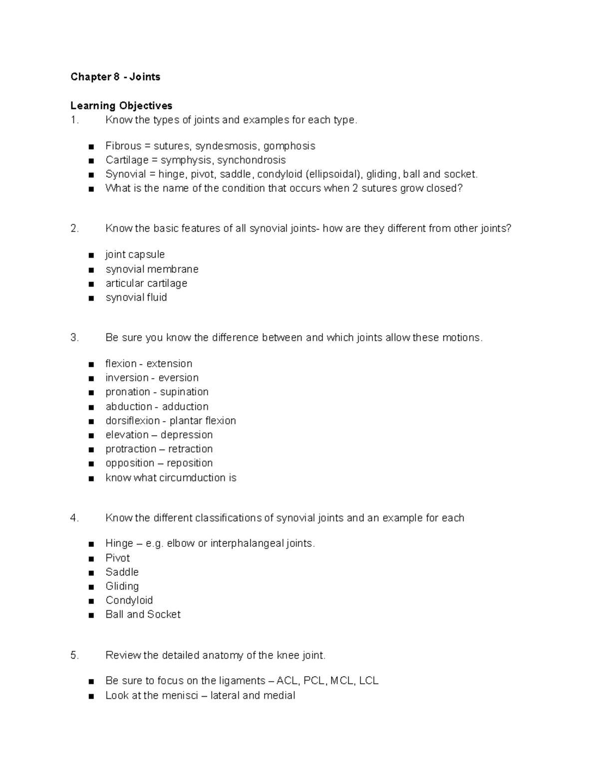 Ch. 8 Anatomy Lecture Notes: Understanding Joints and Movements - Studocu