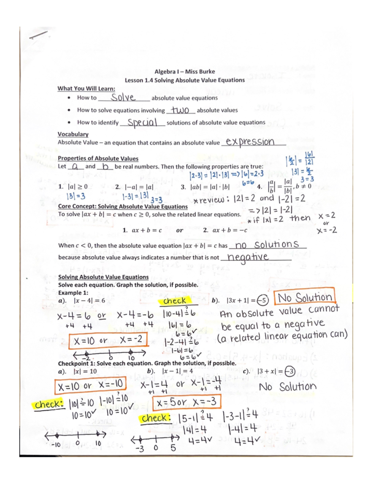 Lesson 1.4 Solving Absolute Value Equations (Day 1) - Key - Algebra I ...
