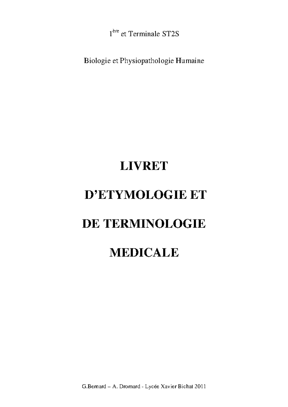 Livret d'Étymologie et de Terminologie Médicale - Classe ST2S - Studocu