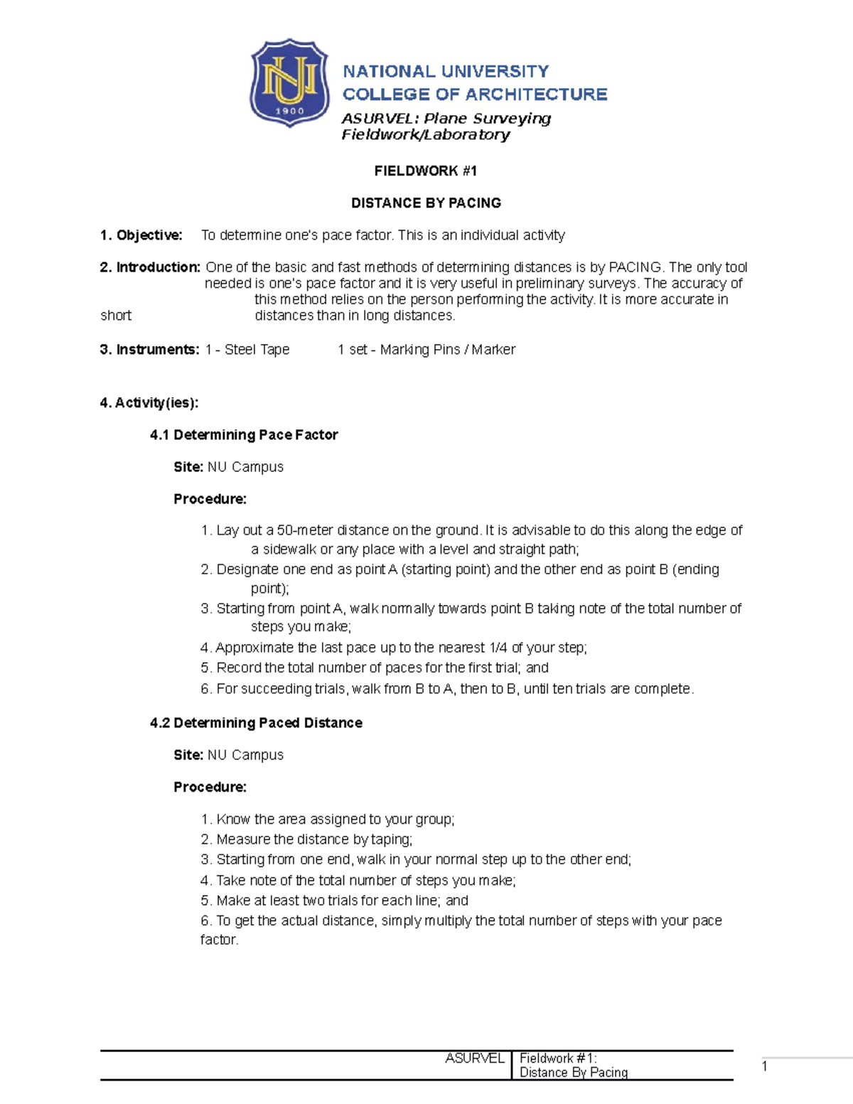 ASURVEL 1 Distance by Pacing - Surveying Fieldwork Instructions - Studocu