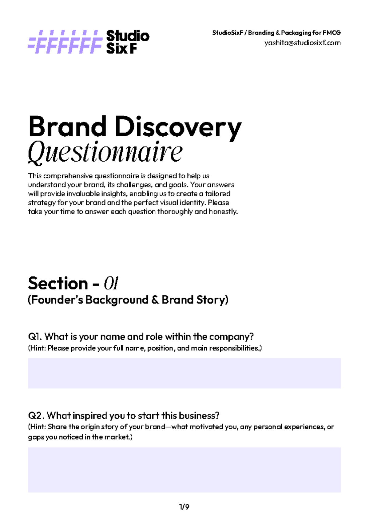 StudioSixF FMCG Brand Brief Questionnaire for Discovery Insights - Studocu
