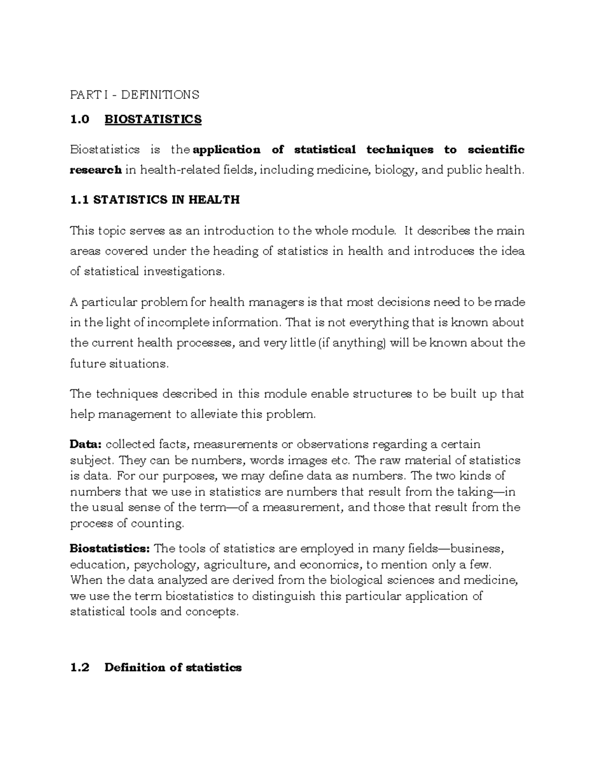 Biostatistics Definitions and Applications in Health (Biosta UP1) - Studocu