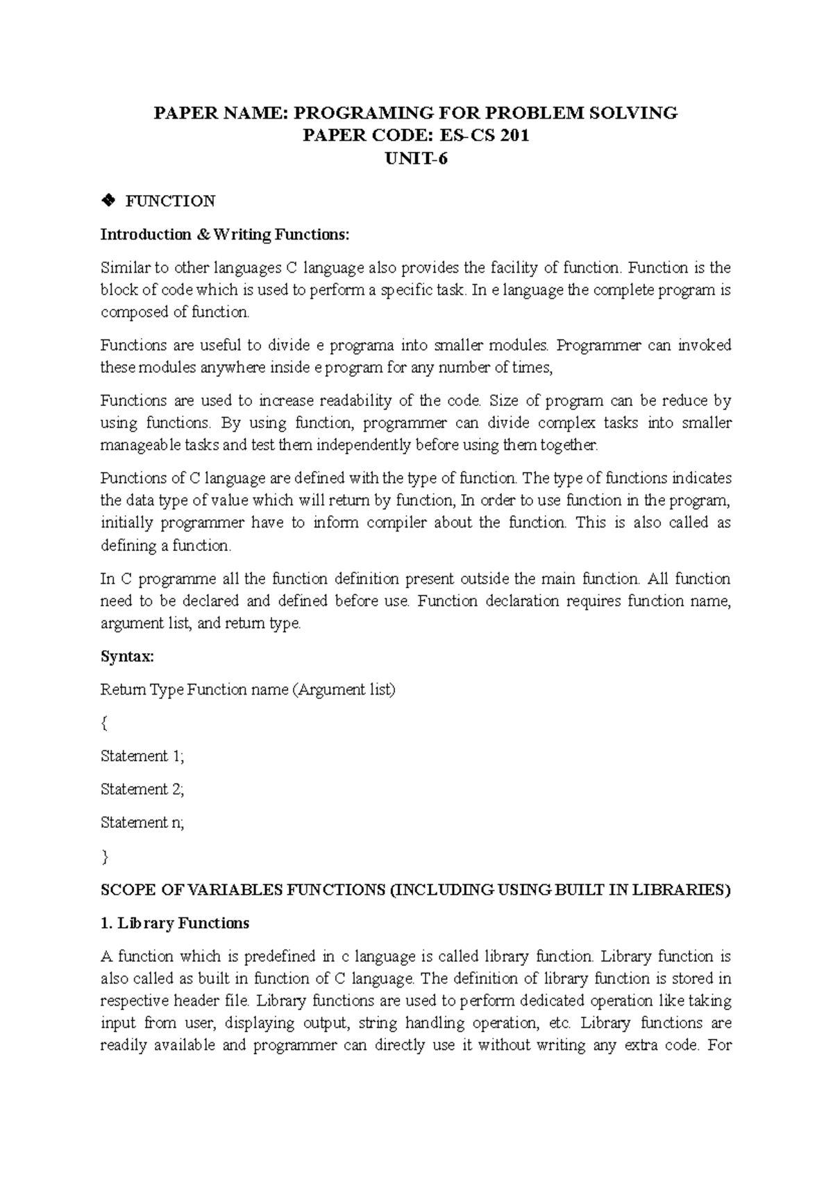 UNIT-6 ES-CS 201: Functions in C Programming - Study Notes - Studocu