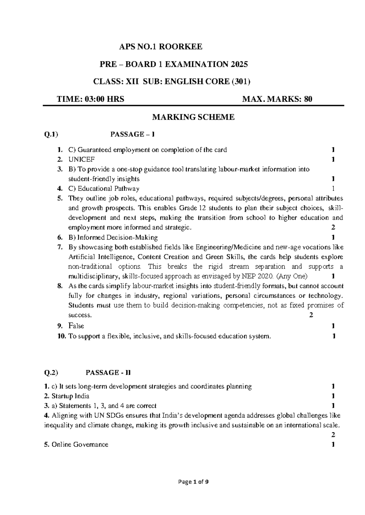 APS NO.1 ROORKEE PRE BOARD 1 EXAMINATION 2025 CLASS XII ENGLISH CORE ...