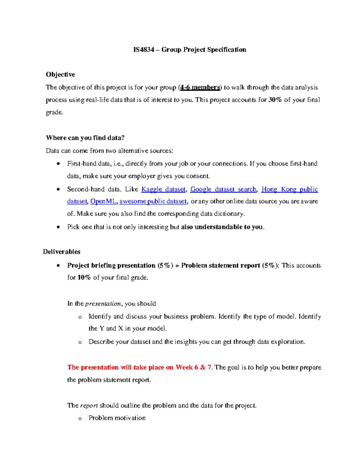 IS4834 Group Project Specification & Data Analysis Guidelines - Studocu