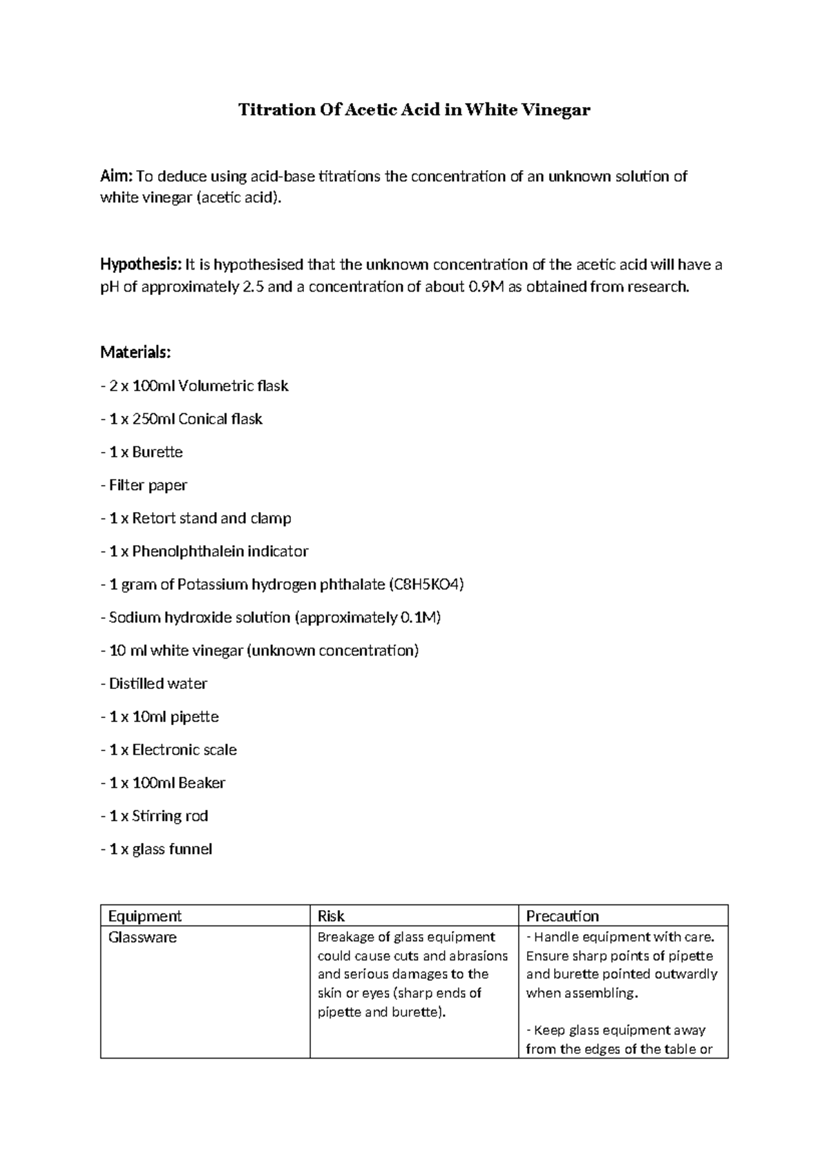 Titration of Acetic Acid in White Vinegar: Chem Lab Experiment Plan ...