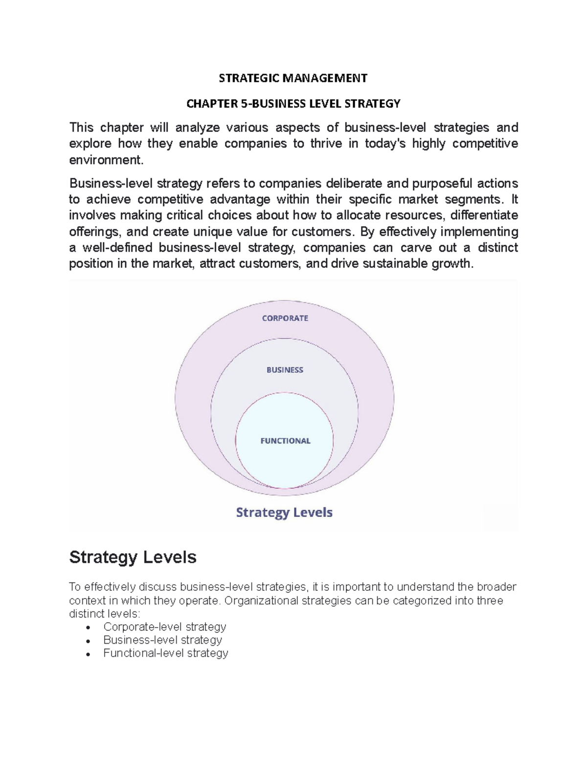 Strategic Management - Ch. 5: Business-Level Strategy Overview - Studocu