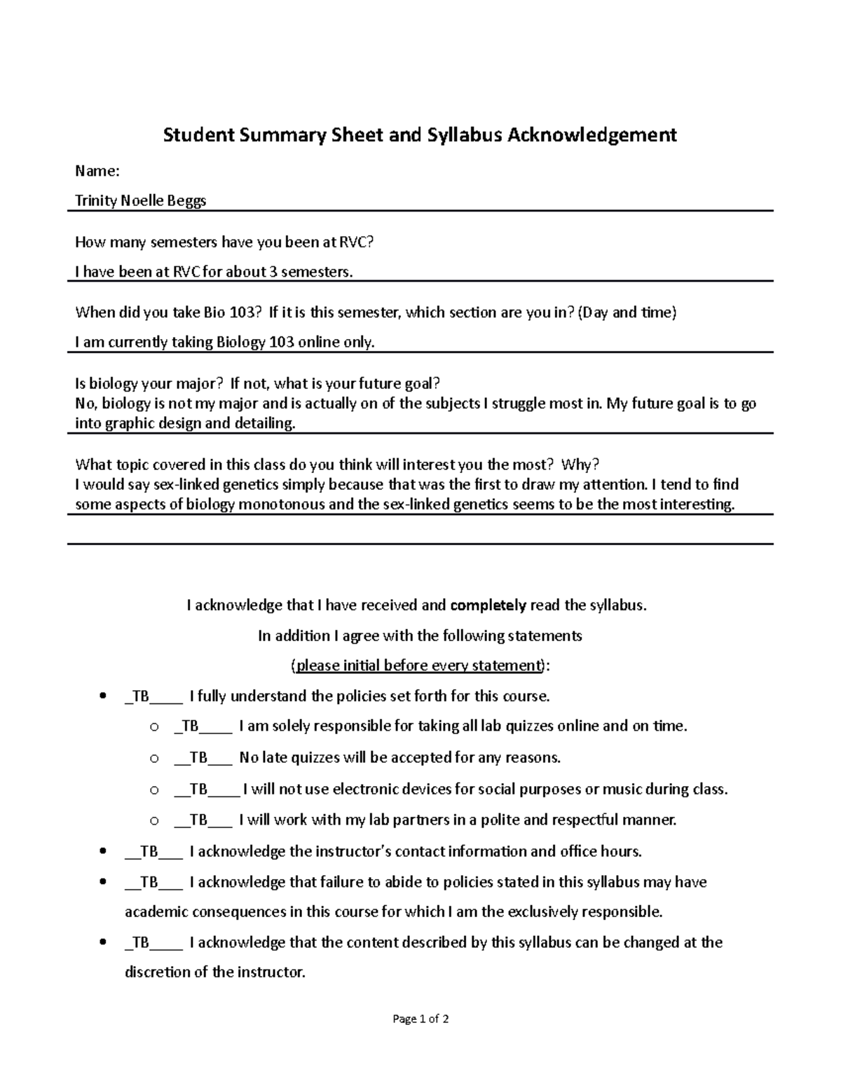 Bio 103 Syllabus Acknowledgement - Trinity Beggs (Spring 2021) - Studocu