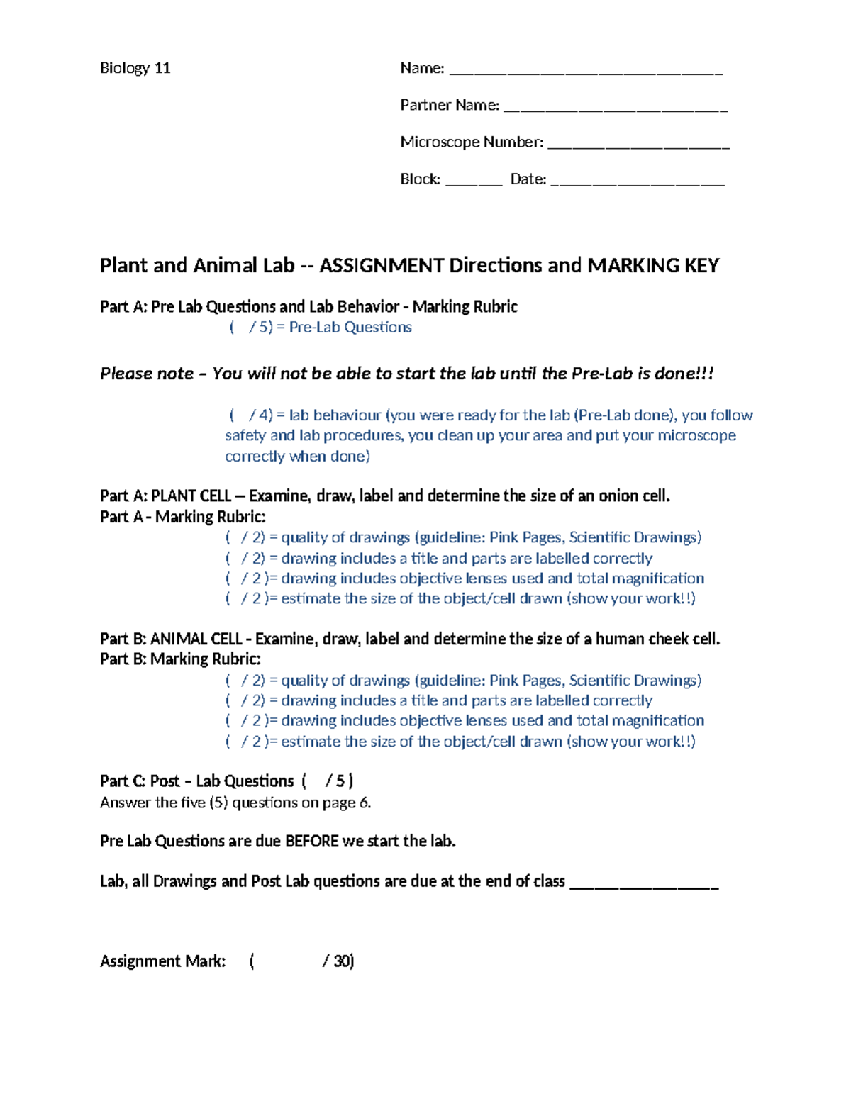Biology 11 Lab Assignment: Plant and Animal Cell Examination 2018 - Studocu