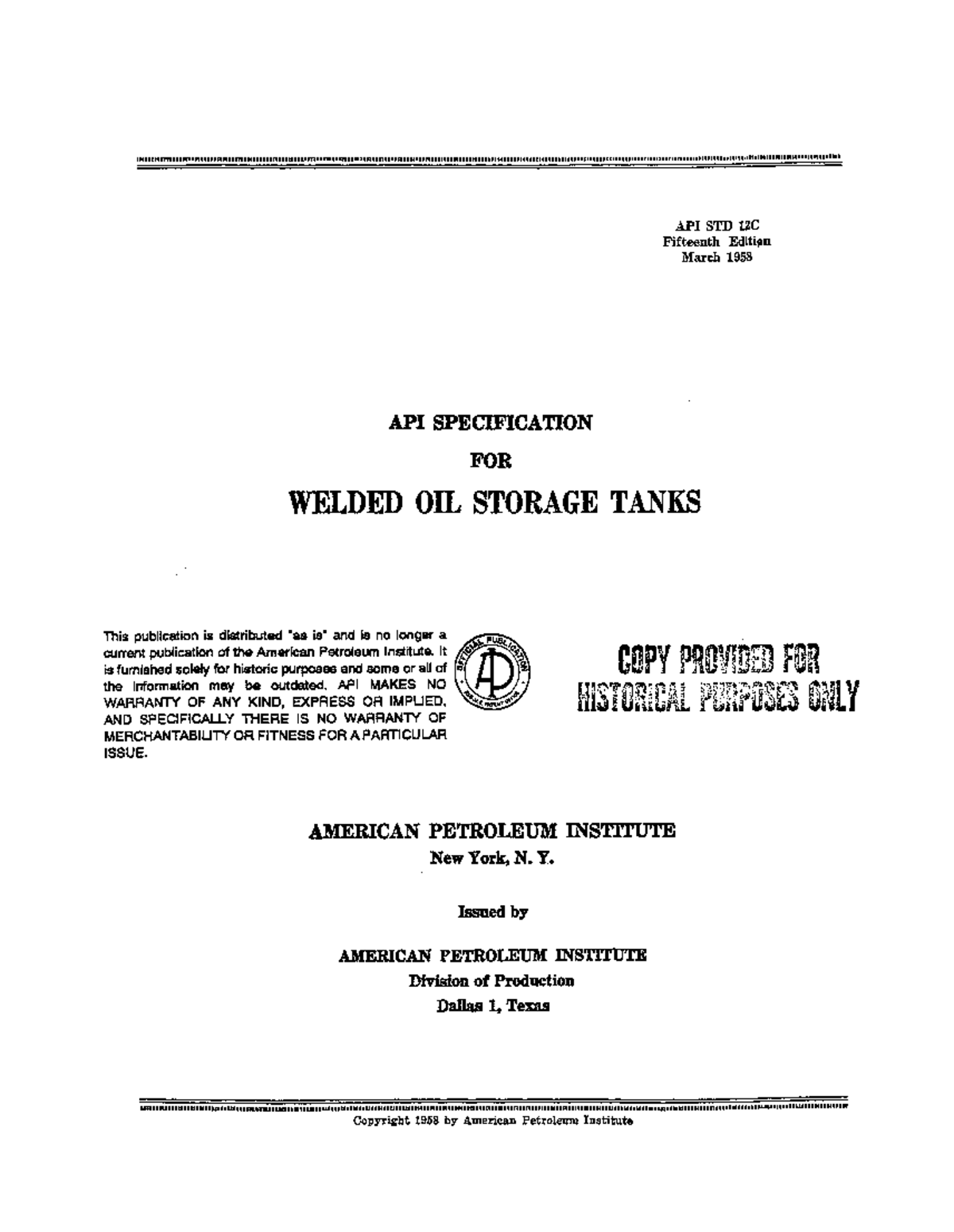 API STD 12C: Specification for Welded Oil Storage Tanks (1958) - Studocu