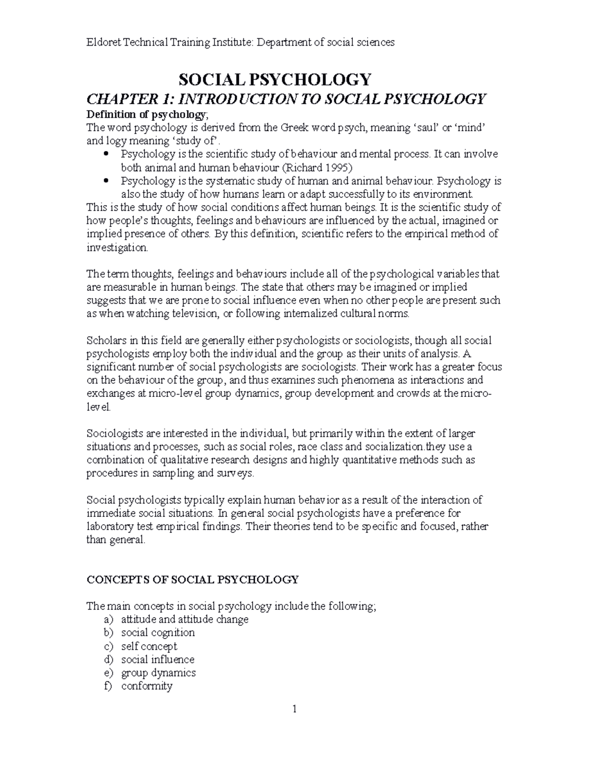 Social Psychology - SOCIAL PSYCHOLOGY CHAPTER 1: INTRODUCTION TO SOCIAL ...