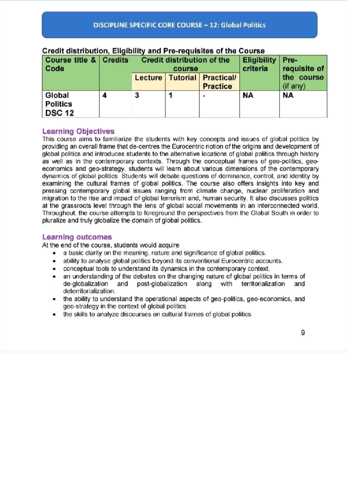 Global Politics DSC 12: Course Overview and Learning Objectives - Studocu