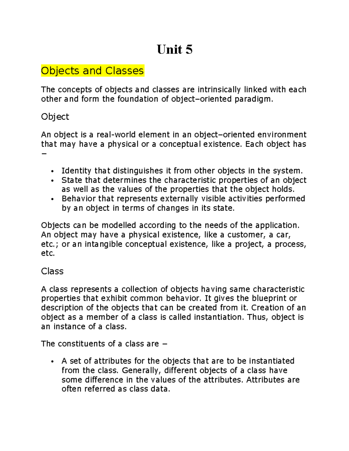 Unit 5: Objects and Classes - Key Concepts and Definitions - Studocu