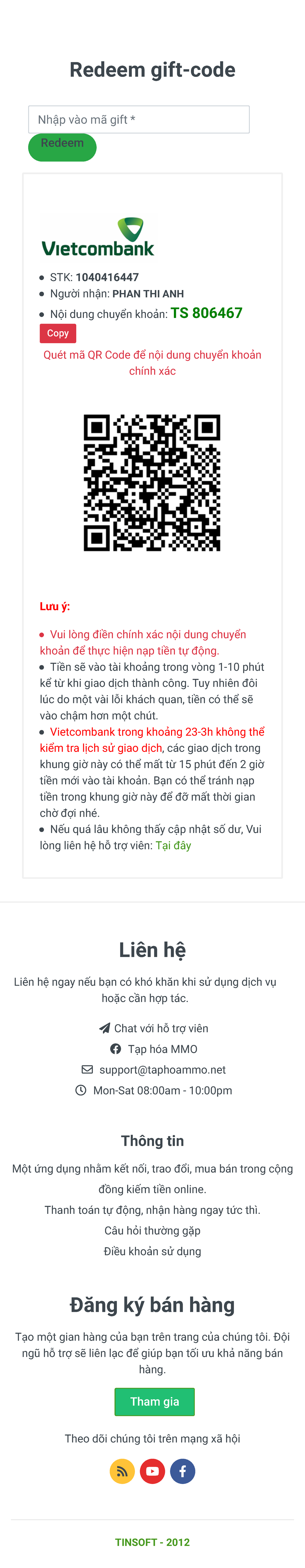 Hướng dẫn sử dụng mã gift-code TINSOFT - 2012 cho giao dịch nhanh chóng ...