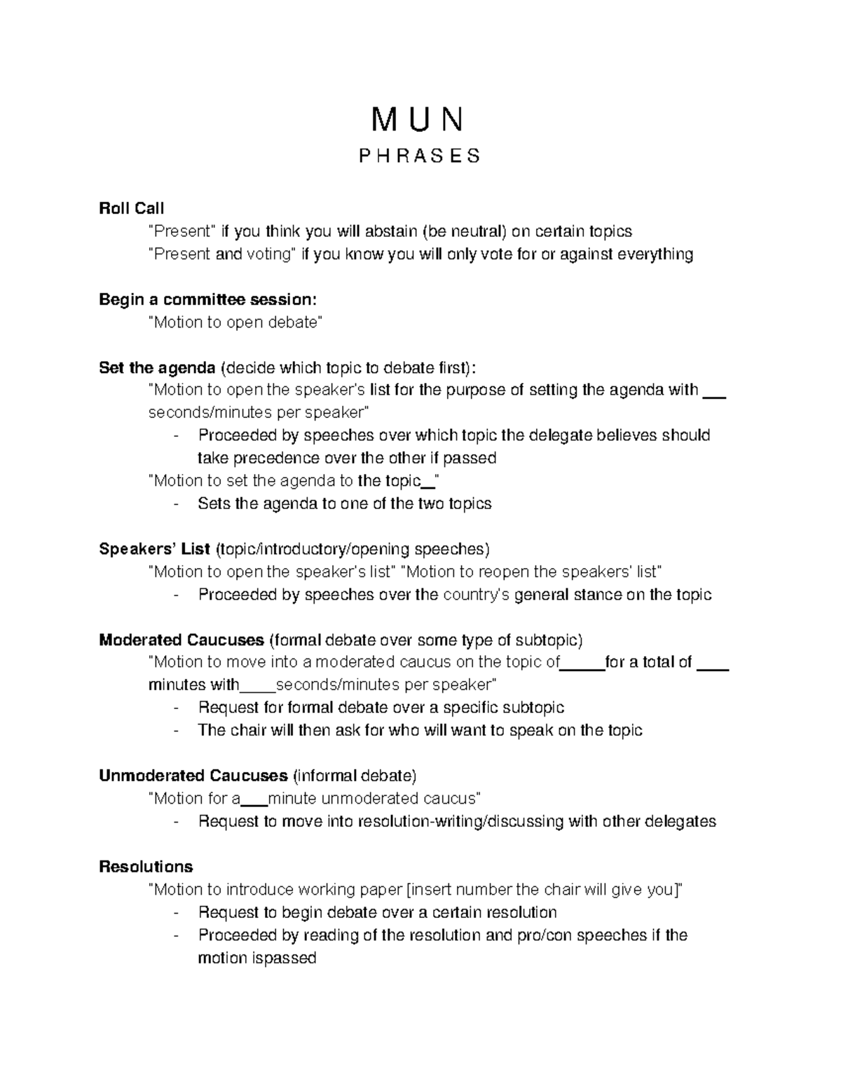 MUN Phrases Guide for Debate Preparation - MUN 101 - Studocu