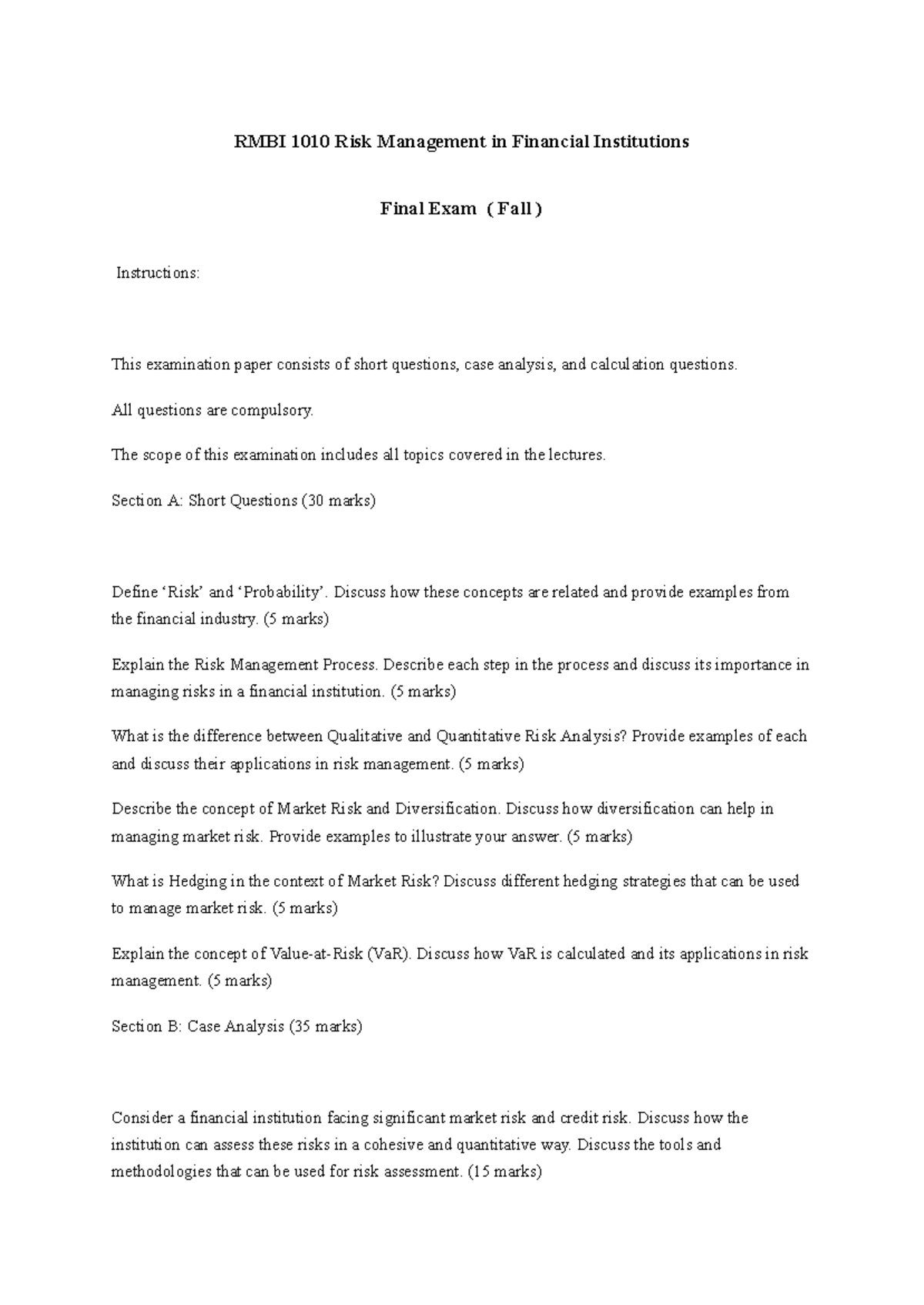 RMBI 1010 Final Exam Guide: Risk Management Concepts & Analyses - Studocu