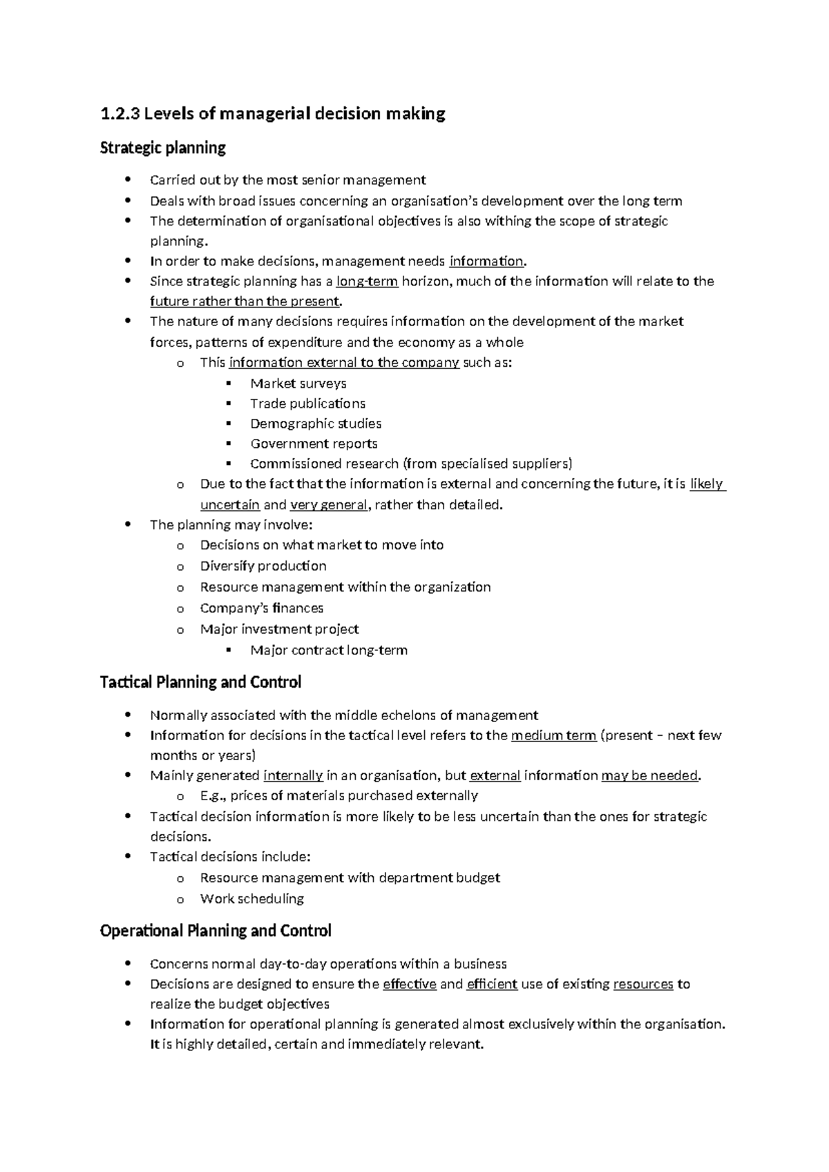 Information Management Course Notes - Decision Making Levels and ...