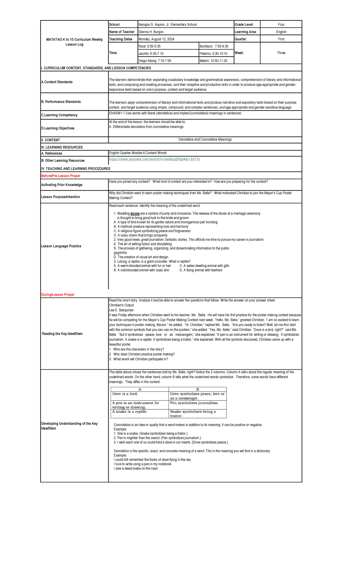 First Quarter English Week 3 Lesson Plan DLP (EN4) - Studocu