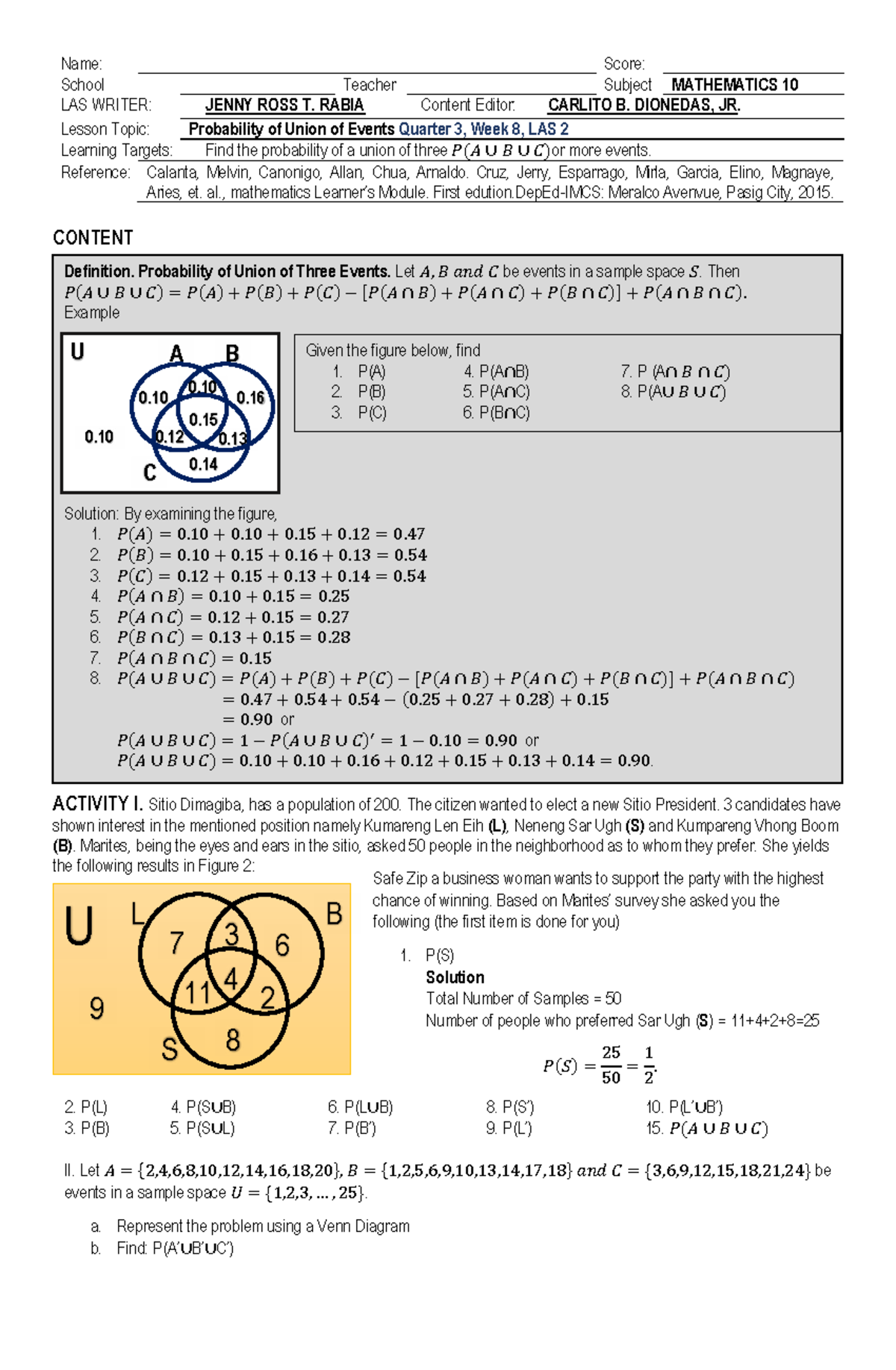 MATH10 Q3 WK8 LAS2: Probability of Union of Events - Studocu