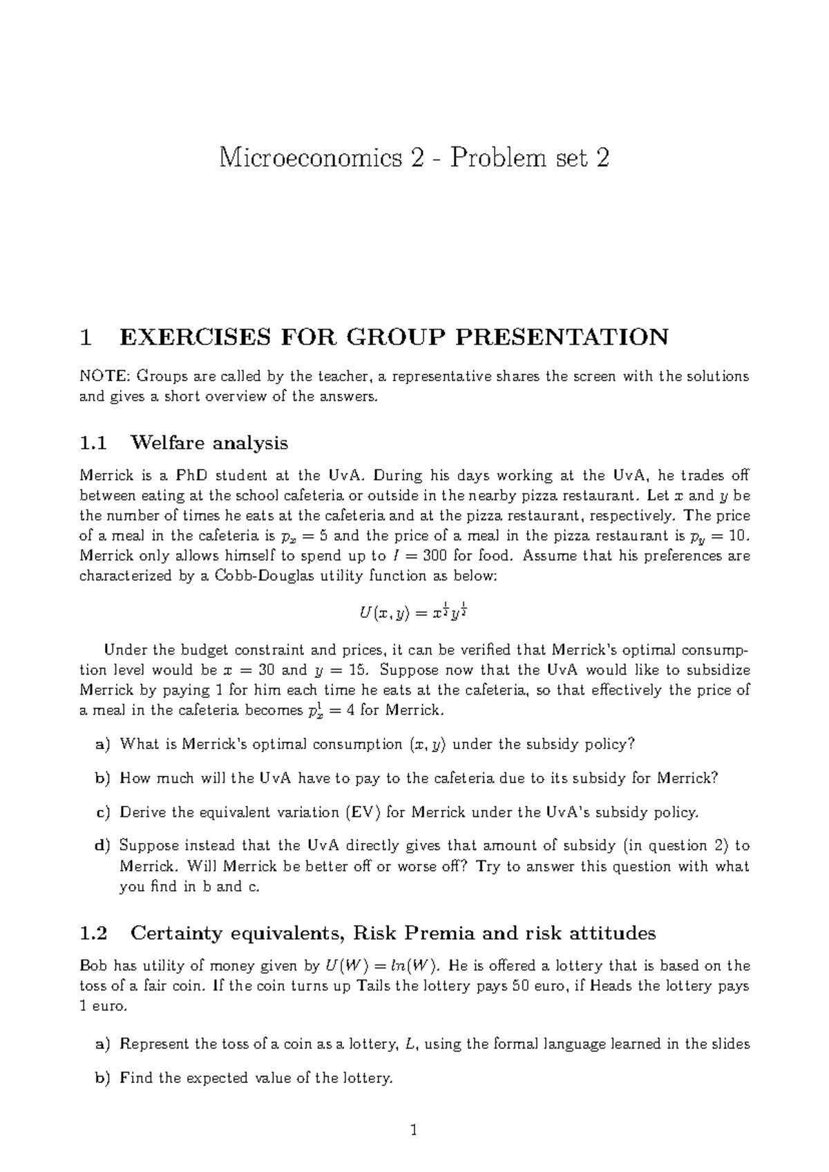 Micro 2 Problem Set 2 - Exercises and Solutions Overview - Studeersnel