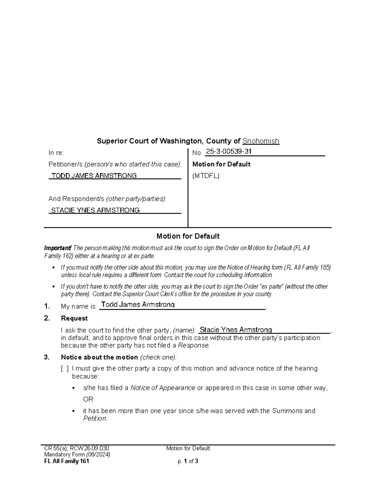 Motion for Default - Todd James Armstrong (MTDFL) - Studocu
