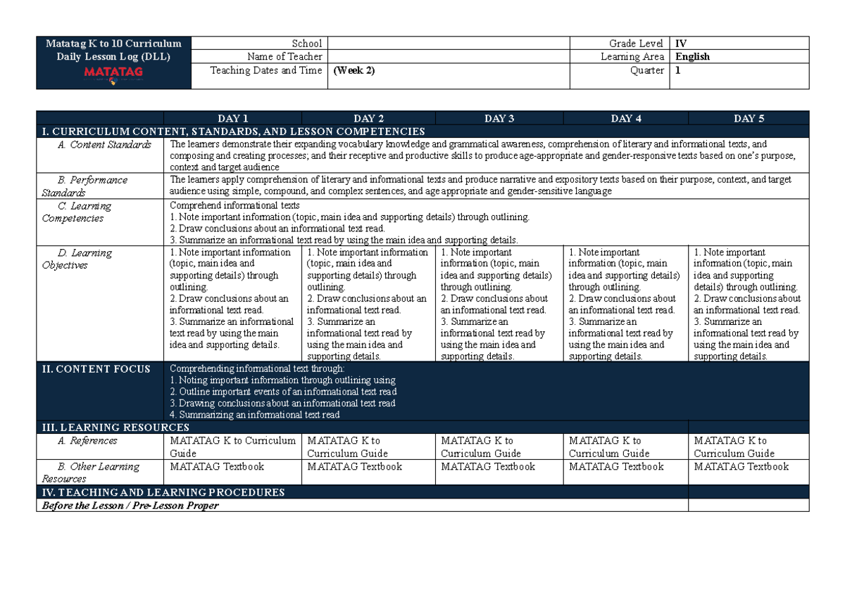 Q1 DLL English 4 Week 2: Daily Lesson Log for Grade IV - Studocu
