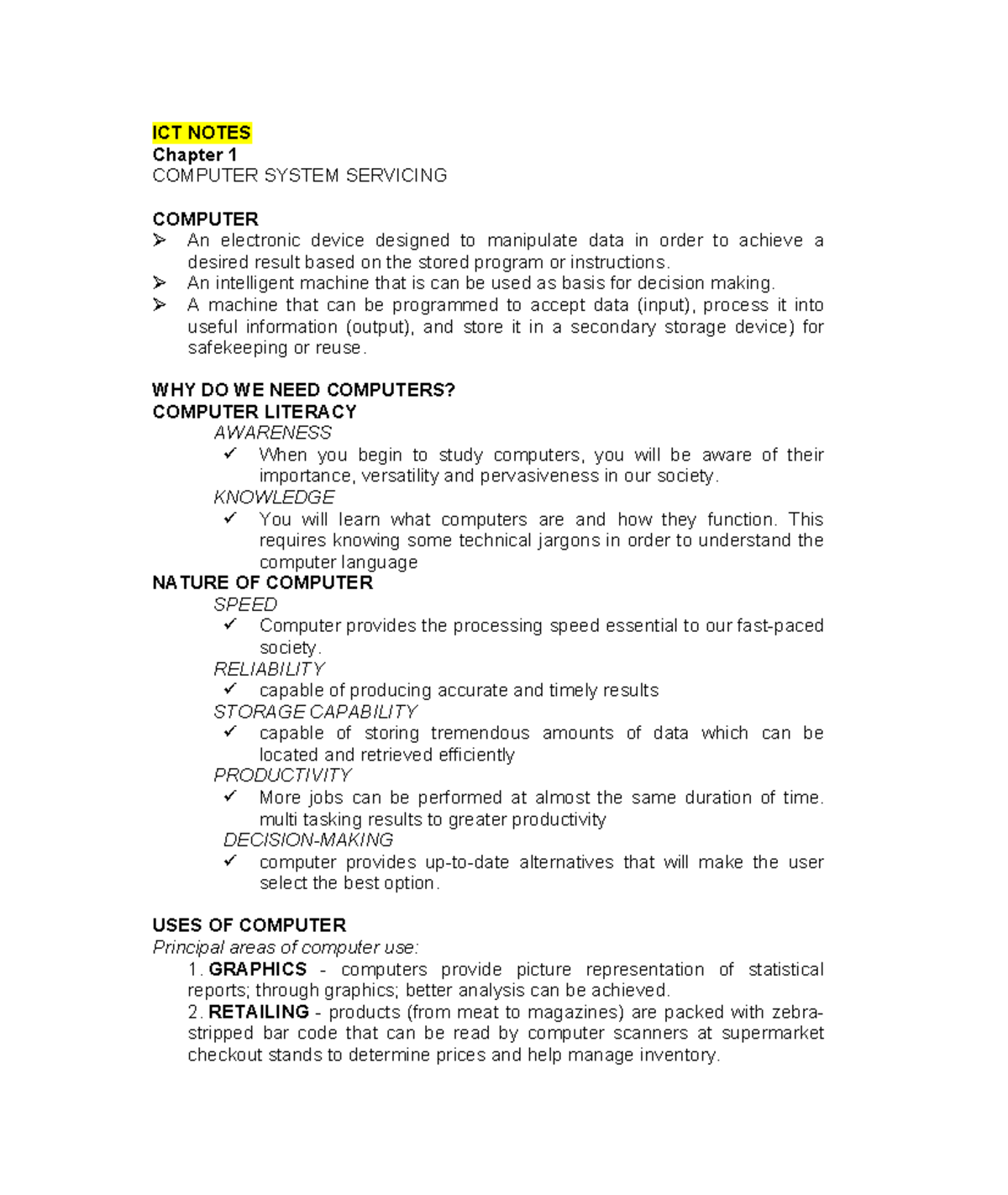 ICT Notes - Ict - ICT NOTES Chapter 1 COMPUTER SYSTEM SERVICING ...