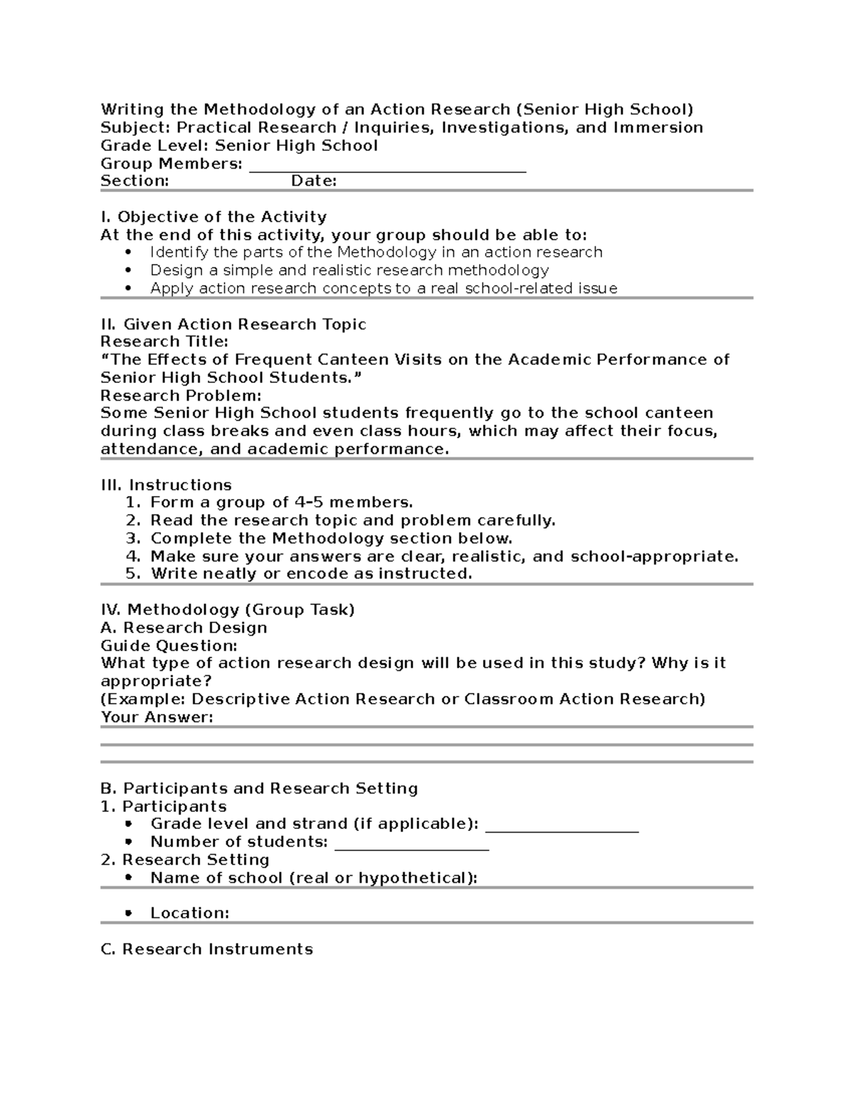 Activity Sheet: Methodology for Action Research on Canteen Visits ...