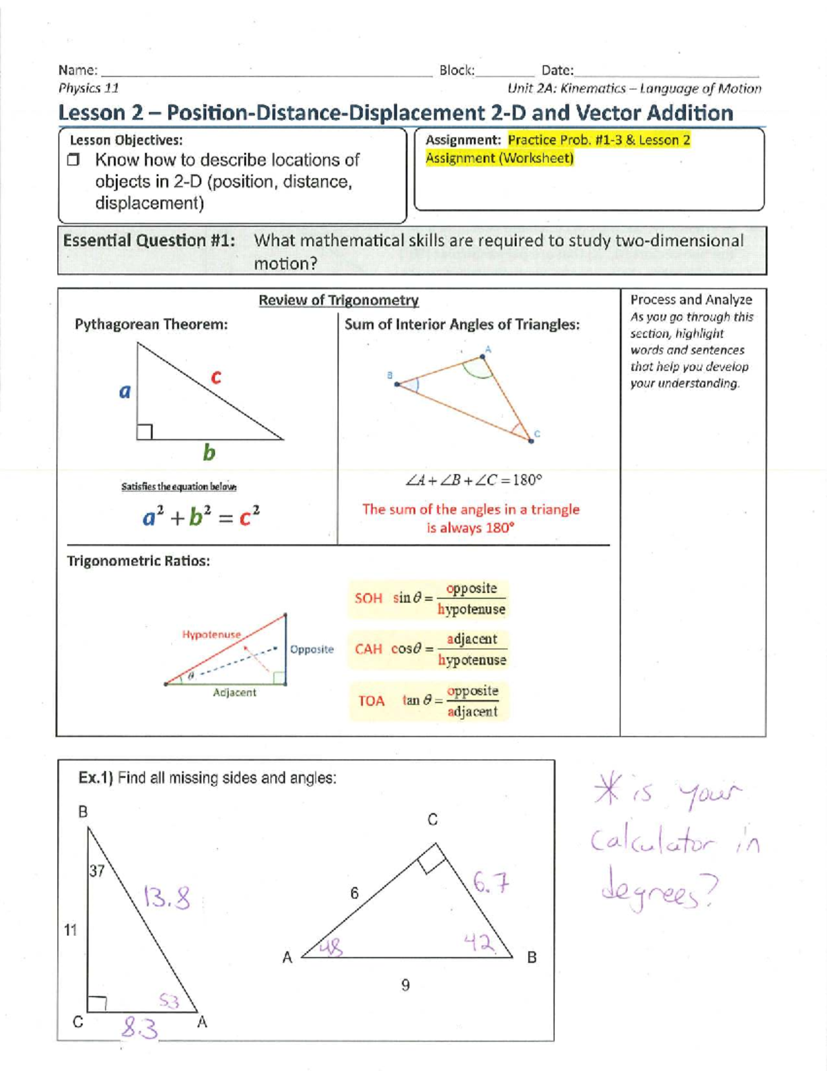 Physics 11 Unit 2A: Kinematics & Vector Addition Lesson Notes - Studocu
