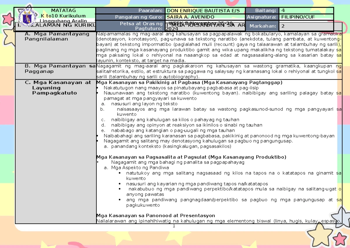 DLL Filipino 4 Matatag Weekly Lesson Plan Q1 W2 - Studocu
