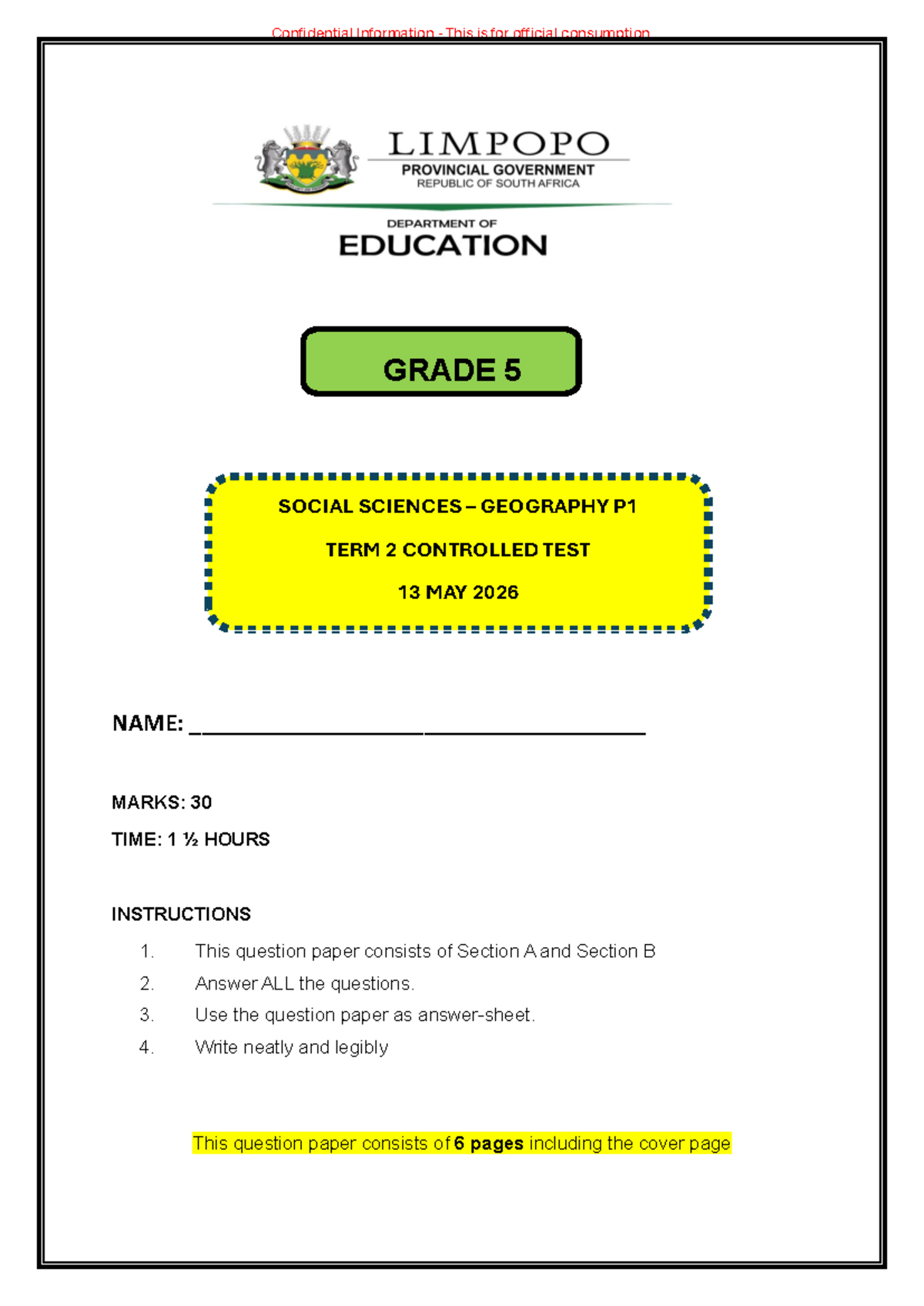 Grade 5 Social Sciences Geography P1 Term 2 Controlled Test 2026 - Studocu