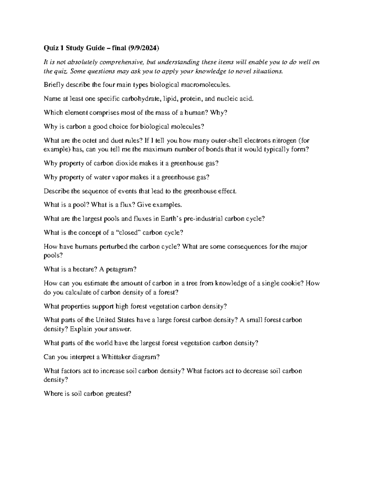 Quiz 1 Study Guide – BIOL 101 Final Exam Prep (9/9/2024) - Studocu