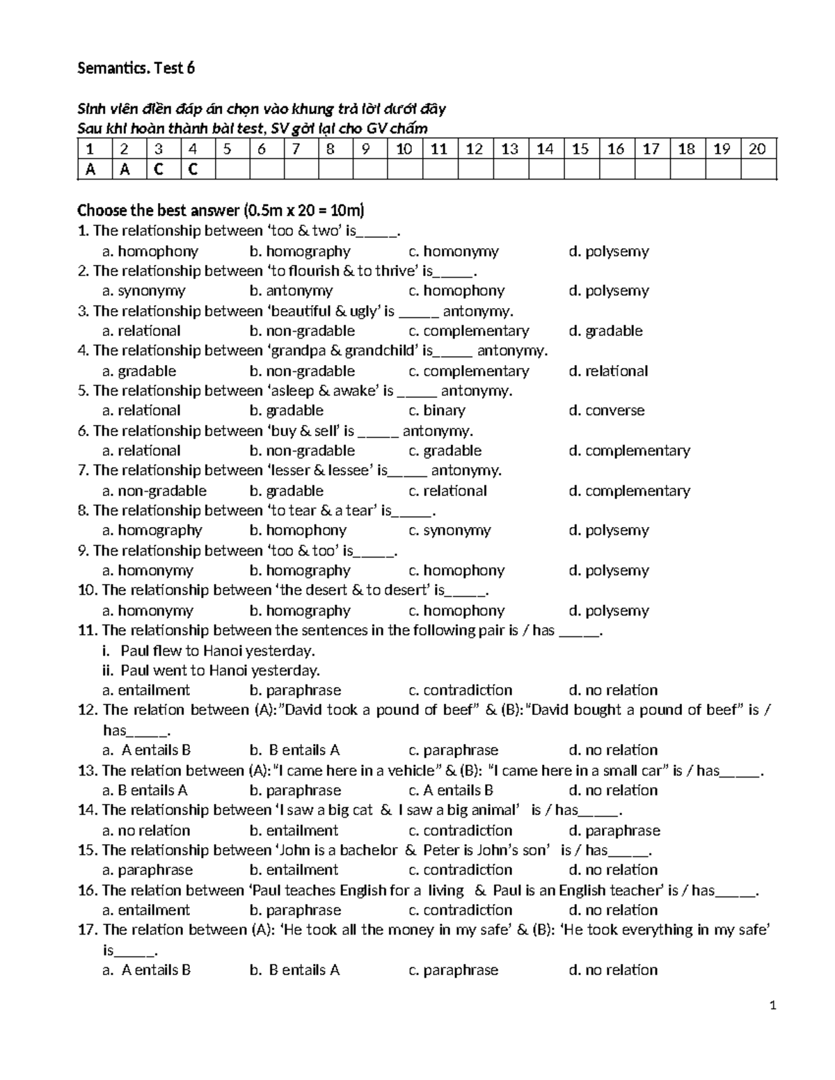 Semantics Test 6 Answers and Key - 10m - Studocu