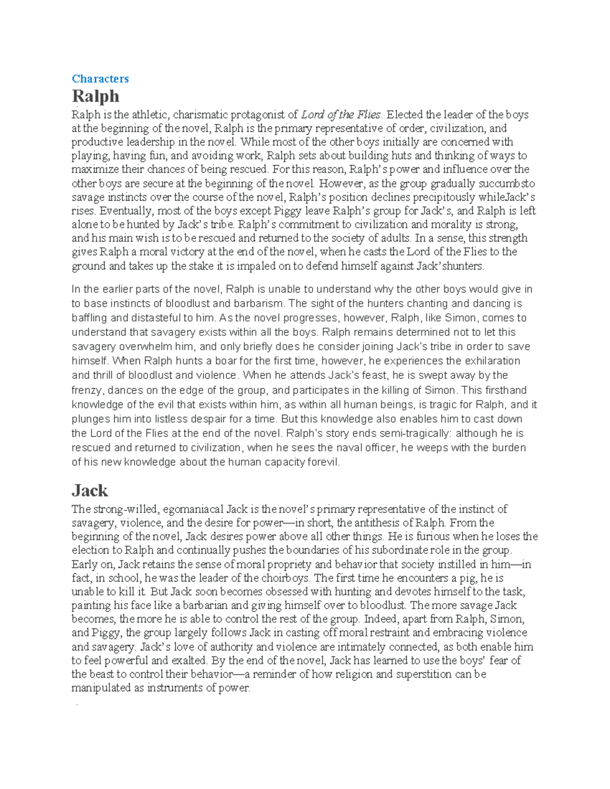 Notes of Lord of the Flies - Characters RalphCharacters Ralph Ralph is ...
