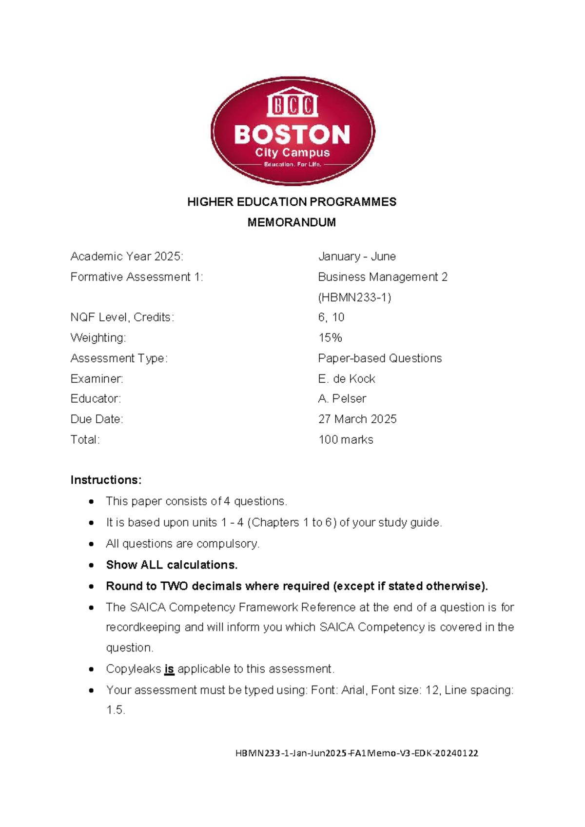 FA1 Business Management HBMN 233 Memo: Formative Assessment Overview ...