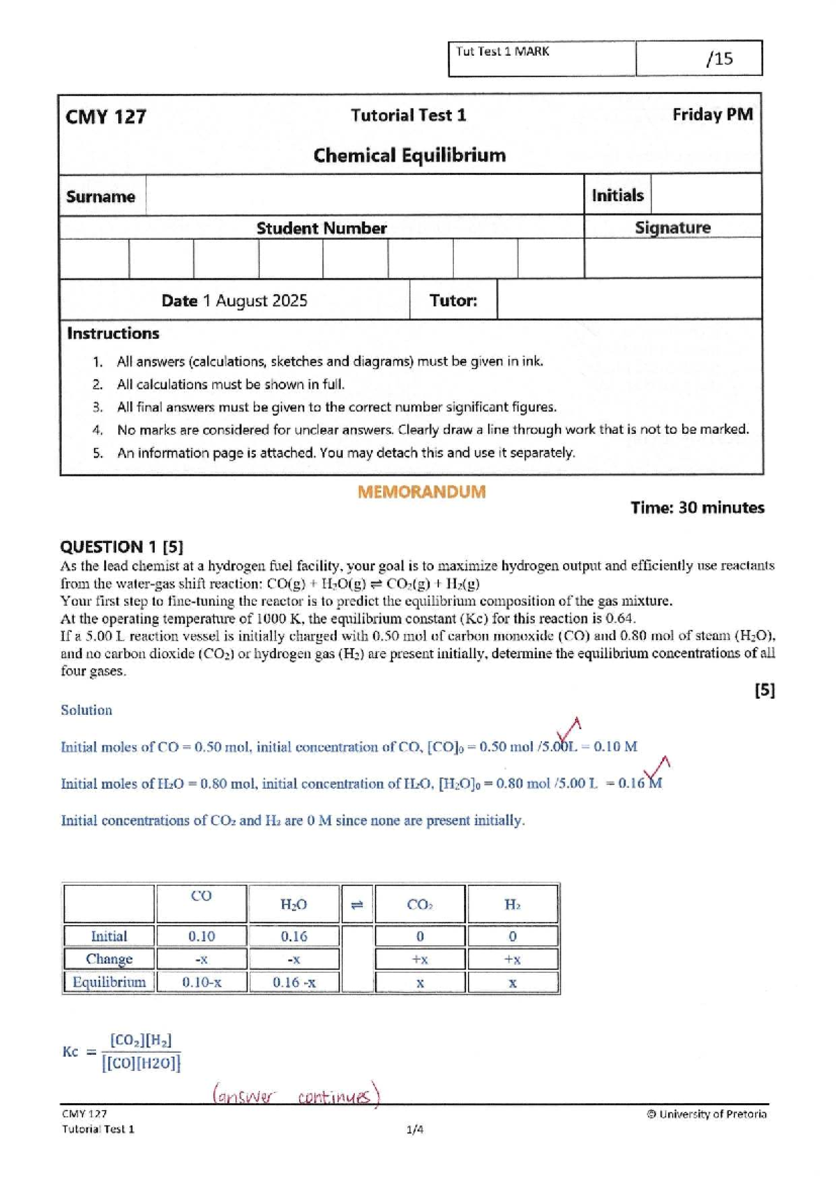 CMY 127 Tutorial Test 1: Chemical Equilibrium Solutions and Analysis ...
