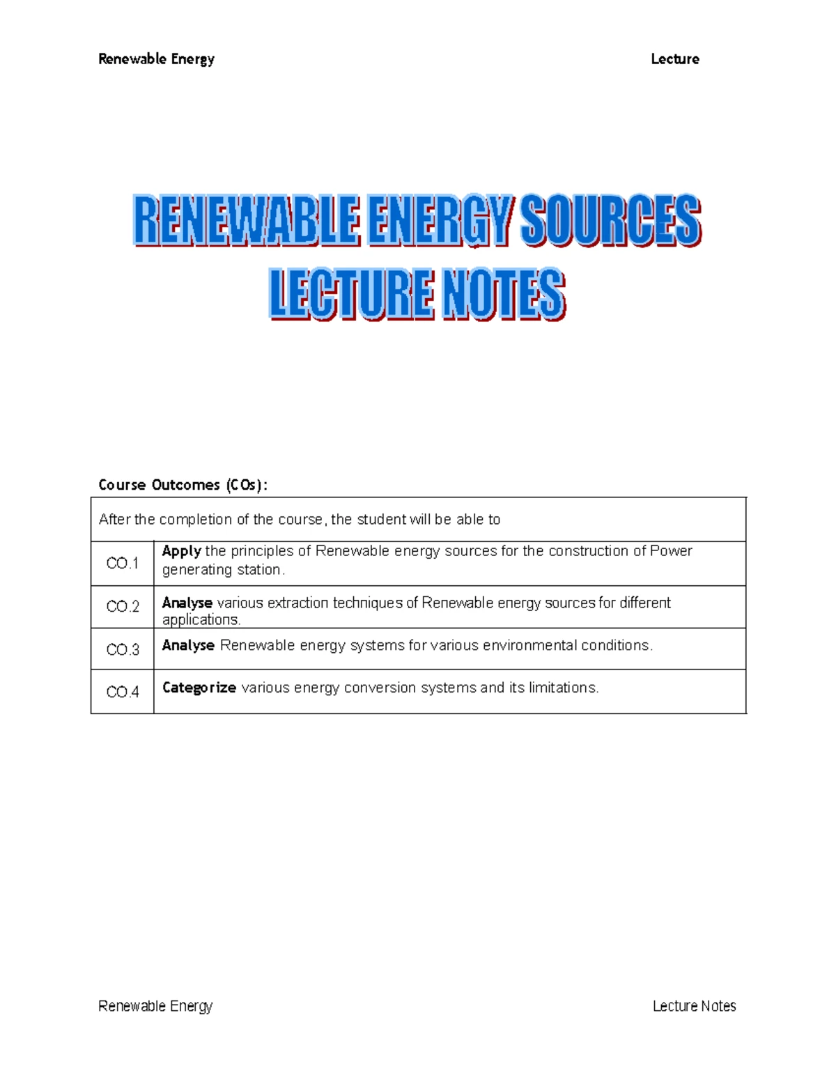 Renewable Energy Sources Overview - B.Tech. (R18) Open Elective - Studocu