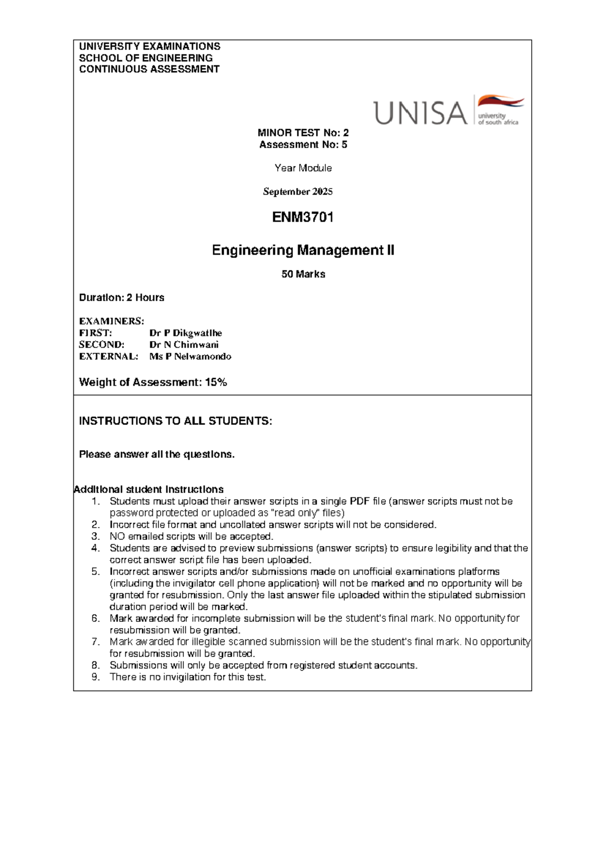 ENM3701 - Engineering Management II - Minor Test 2 Guidelines - Studocu