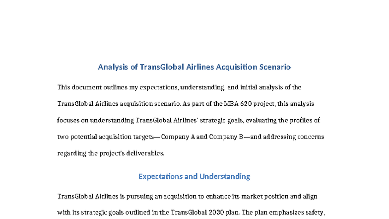 MBA 620: TransGlobal Airlines Acquisition Analysis & Strategic Insights ...