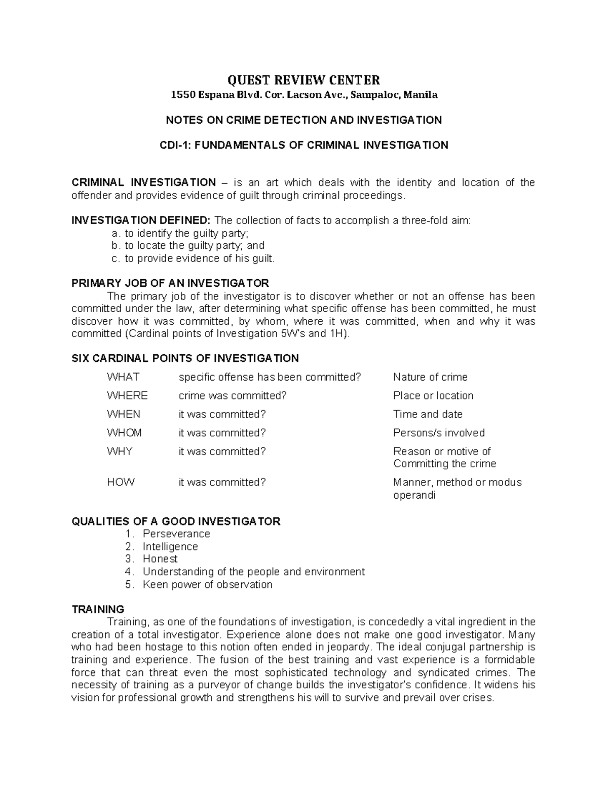 (CDI 1) Comprehensive Notes on Fundamentals of Criminal Investigation ...